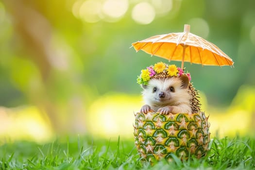This adorable image features a cute hedgehog with a tiny flower crown sitting inside a fresh pineapple, enjoying a sunny and cheerful outdoor setting.