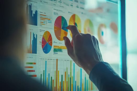 Close-up of a hand interacting with financial reports displayed on a touchscreen. Colorful charts and graphs provide insights into data analysis and business performance.