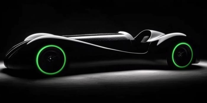 Futuristic sports car with glowing green tires in the dark, exuding speed and innovation