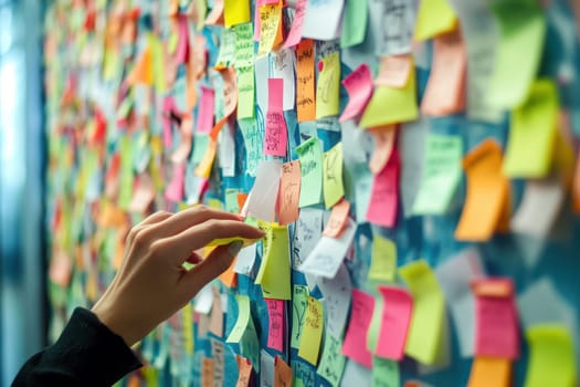 A hand reaches out to colorful sticky notes on a collaborative wall, showcasing the vibrant energy of professionals engaged in a creative work session.