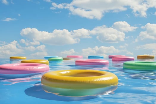 A vibrant collection of colorful floating pool rings in various shapes gracefully drifts on a tranquil blue pool, framed by a clear sky with fluffy clouds, creating a perfect summer scene for leisure and fun.