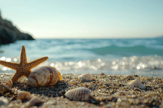 A captivating close-up view of seashells and a starfish on sandy beach, with a soothing ocean backdrop. Perfect for evoking feelings of tranquility and summer.