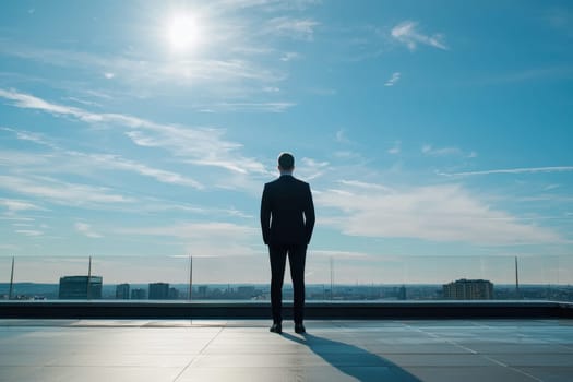 A solitary executive stands confidently at the edge of a high rise, gazing over the city skyline under a bright blue sky, symbolizing ambition and inspiration.