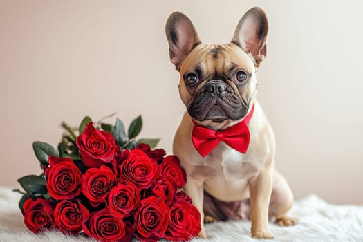 This charming French bulldog wearing a red bow tie sits gracefully next to a beautiful bouquet of romantic red roses, creating a heartwarming scene.