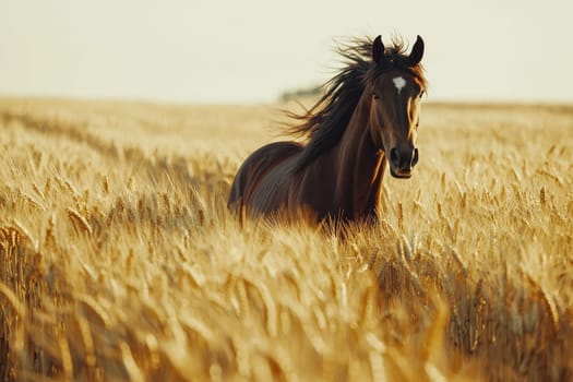 A stunning image of a horse galloping freely through a golden wheat field, embodying the essence of nature and freedom under a bright blue sky.