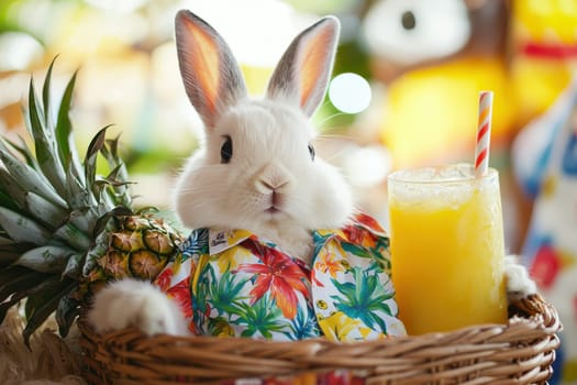 This charming image features a fluffy bunny dressed in a colorful Hawaiian shirt, surrounded by tropical elements like a pineapple and a refreshing drink, creating a playful and cheerful atmosphere.
