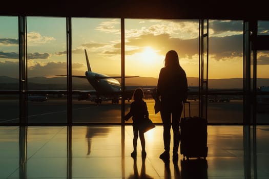 This captivating image showcases a family silhouette at an airport, poised to board their flight during a stunning sunset. The scene radiates excitement and anticipation as they prepare for their journey together.