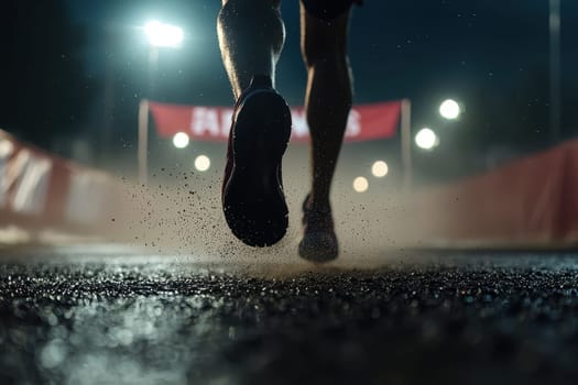 A dramatic close-up of a runner's feet hitting the pavement during an evening race, capturing the energy and grit of the event on a vibrant urban backdrop.