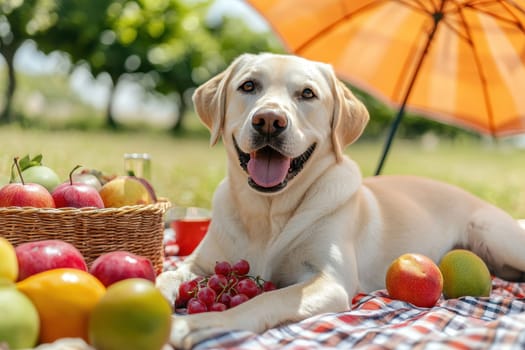 A joyful Labrador lies on a picnic blanket filled with fruits in a sunny outdoor setting, radiating happiness and warmth, evoking delightful summer moments.