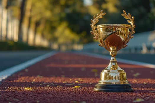 A stunning golden trophy adorned with a laurel wreath stands proudly on a running track, framed by autumn leaves. This image captures the essence of victory and celebration in a serene, natural setting.