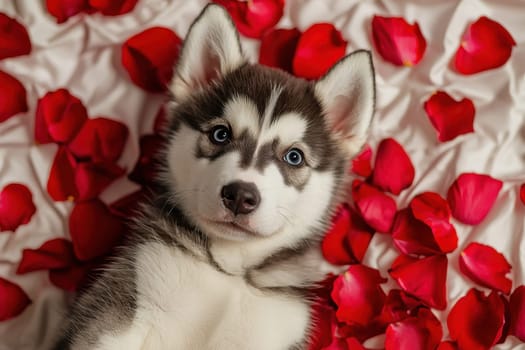 An adorable husky puppy lying comfortably on soft fabric, surrounded by vibrant rose petals, creates a serene and charming atmosphere in the studio setting.