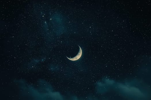 Experience a tranquil and mysterious cosmic background featuring a crescent moon in a starry night sky, evoking serenity and wonder.