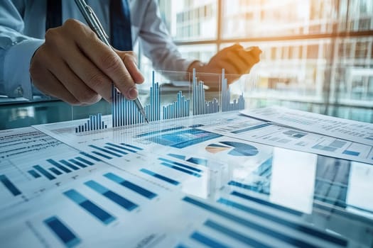 A focused meeting with investors in a modern glass walled room, discussing strategies while analyzing data visualizations and financial reports.