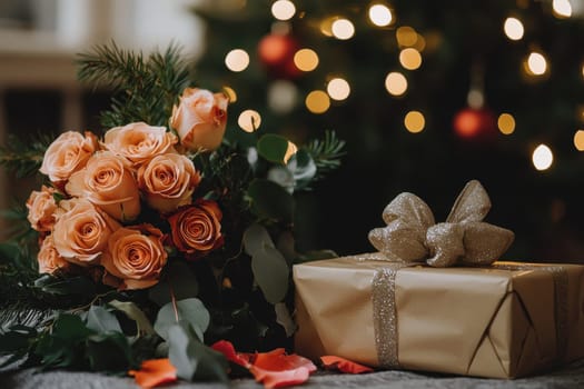 A romantic bouquet of pink roses placed beside a beautifully wrapped gift, set against a softly lit Christmas tree backdrop, creating a warm festive atmosphere.