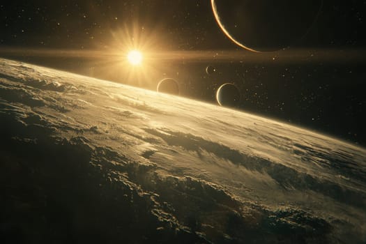 Discover a breathtaking deep space view showcasing multiple planets and a radiant star illuminating a planetary surface, presenting the beauty of the cosmos.