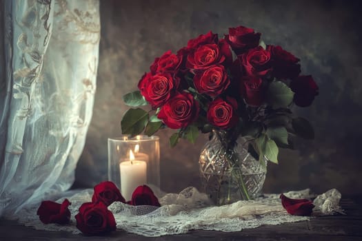 A captivating vintage still life featuring a bouquet of deep red roses in a glass vase. A candle softly glows beside the flowers, creating a warm and romantic atmosphere against a delicate lace background.