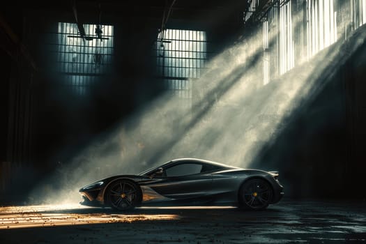 A high-end sports car is parked in a dark industrial space, illuminated by dramatic light beams. The combination of sleek design and moody atmosphere creates an exclusive and powerful visual impact.