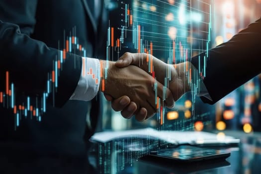 Two business professionals shake hands to seal an investment deal, surrounded by dynamic financial data representing growth and opportunity.