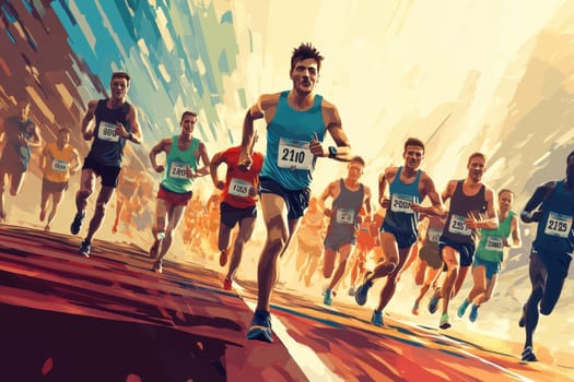 A dynamic illustration showcasing a group of energetic runners racing towards the finish line in a marathon, highlighting their determination and competitive spirit.