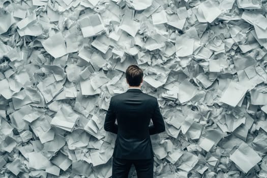 A businessman stands before a massive wall of crumpled papers, embodying stress and contemplation in a chaotic office. The image captures the essence of overwhelming workload and decision-making challenges.