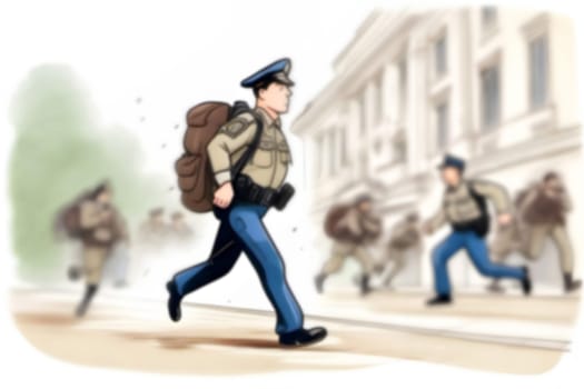 A police officer dashes forward with a backpack, joining soldiers in a dynamic training mobilization drill in a city.. blur, blurred