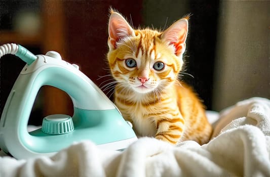 A playful kitten explores a brightly colored iron beside it, illustrating the importance of keeping pets safe from household hazards.