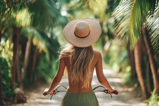 A young woman joyfully rides her bicycle down a palm-lined pathway, embodying the spirit of summer and adventure in a tropical paradise.