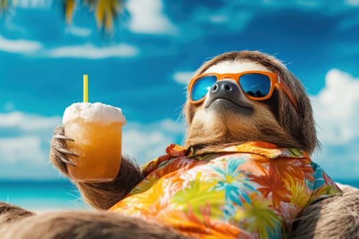 A cheerful sloth enjoys a sunny beach day, wearing a Hawaiian shirt and sunglasses while sipping a tropical drink. Perfect for summer vibes and relaxation themes.