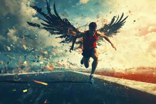 A surreal image featuring a runner transforming with wings, creating a dynamic composition of motion and energy, filled with vivid colors and fierce inspiration.