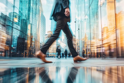A modern businessman strides purposefully through an urban landscape, showcasing dynamic movement amidst glass buildings. Reflections enhance the contemporary scene.