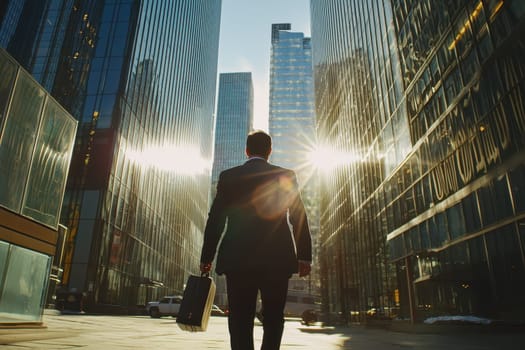 A business leader walks confidently through a corporate plaza, reflecting modern city architecture and sunlight. The professional setting enhances a feeling of success and ambition.