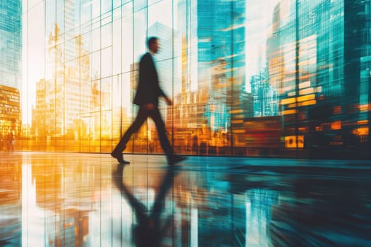 A dynamic image of a businessman in a suit walking through a modern urban environment, capturing motion blur and reflections against a backdrop of skyscrapers during sunset.