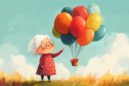 Gray-haired grandmother launches balloons into the sky Birthday Holiday