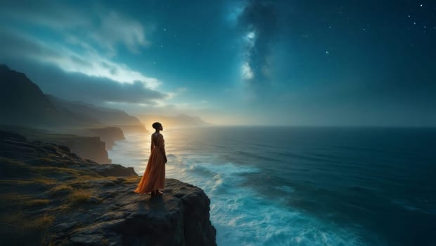 Woman in an orange dress standing on a cliff overlooking the ocean at sunset under the Milky Way. Ai generated