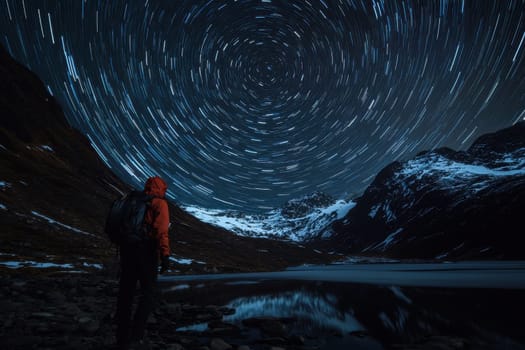 Experience the breathtaking beauty of a celestial landscape featuring shooting stars, mountains, and calm waters at nighttime.
