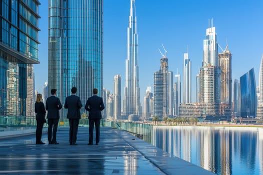 A group of executives stands together, discussing strategy in front of a stunning modern skyline, reflecting innovation and collaboration in business.