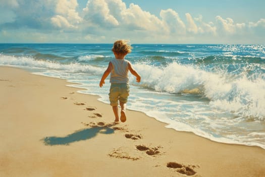 A joyful child runs towards the shimmering sea, leaving playful footprints in the golden sand. The scene captures the essence of carefree childhood and the beauty of nature.