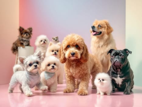 Many dogs of different breeds posing together on a pink floor with a gradient background from pink to light blue and green. Ai generated