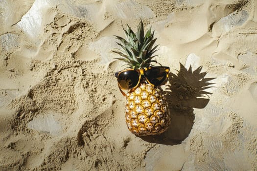 A charming pineapple adorned with stylish sunglasses sits atop sandy beach, embodying a fun tropical vibe perfect for summer vacations and creative themes.