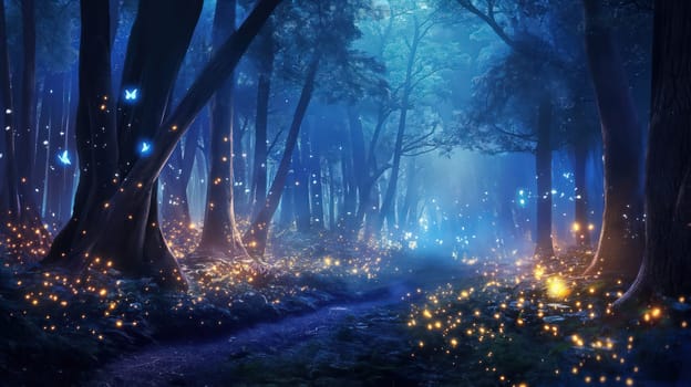 Shiny glowing magical fabulous forest with fireflies. Generative AI design
