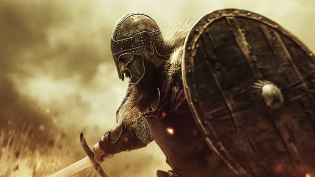 Ancient Viking warrior with a sword and shield. Generative AI image