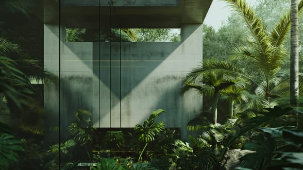 Tropical garden in courtyard of modern building. Generative AI image