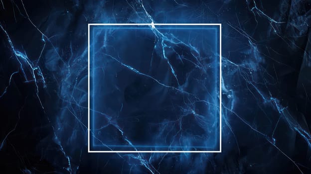 Blue grunge marble background and glowing neon square frame. Generative AI design