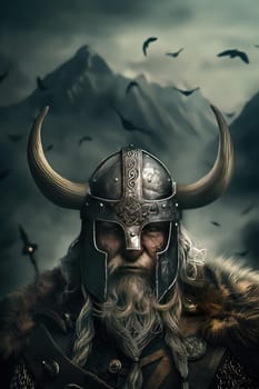 Close-up portrait of a northern Viking wearing a horned helmet. Generative AI image
