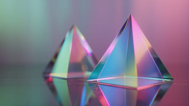 Glass crystal holographic pyramids abstract hi-tech background. Generative AI design