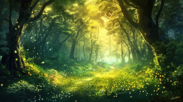 Summer glowing magical fabulous forest with fireflies. Generative AI design