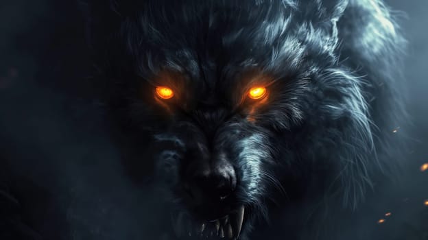 A grinning wolf with glowing eyes close-up. Generative AI image