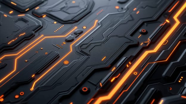 Black technology chip surface with orange neon lines abstract background. Generative AI design