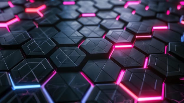 Hi-tech hexagonal pattern with blue purple neon light abstract background. Generative AI design
