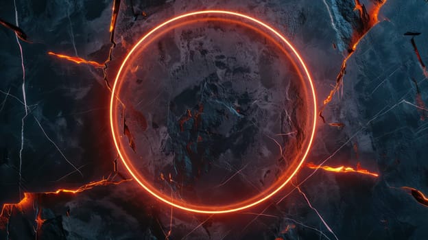 Dark grunge marble background and orange glowing neon circle frame. Generative AI design